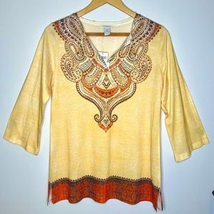 NWT Chico’s Women’s Top, Ethnic Craft Sansia 3/4 Sleeve Sunglow, Chico’s Size 0